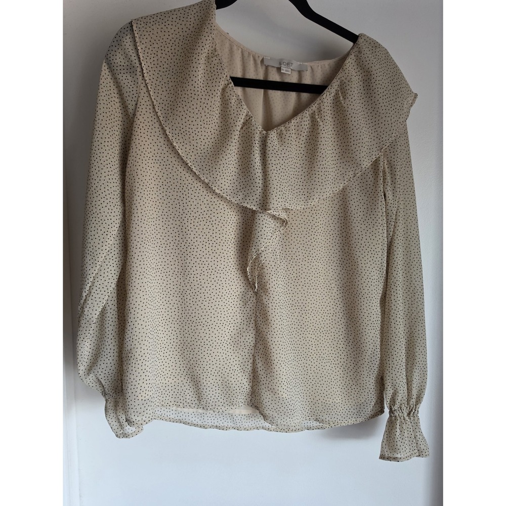 LOFT Blouse XS Polka Dot Collared Long Sleeve Beige Black Button-Up Top Shirt